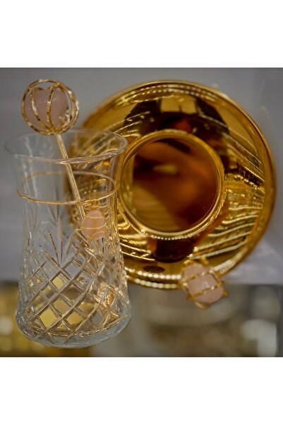 DUKKANI ISTANBUL 6-Person Copper Tea Set 18 Pieces Pink Quartz Gold