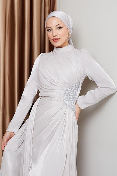 Olcay Silk Hijab Yoryo Abendkleid – Stein- und Kordelzug-Detail STONE 1233