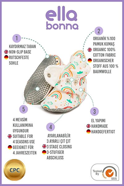Ella Bonna Protiskluzové pantofle pro kojence a děti, domácí a školní botičky z organické bavlny - Rainbow