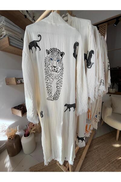 ANİKA %100 Pamuklu Kaplan Desenli Müslin Kimono Yeni Nesil Bornoz Kaftan Saba...