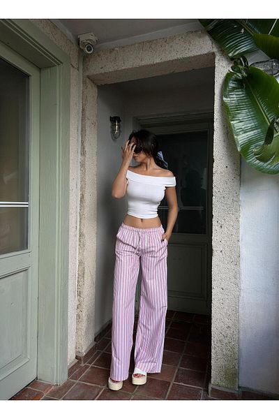 minaaise Women's Pink Striped Elastic Wide Cut Pants 29058