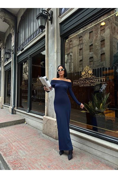 BEJNA Γυναικείο μακρύ φόρεμα με γιακά Madonna Navy Blue