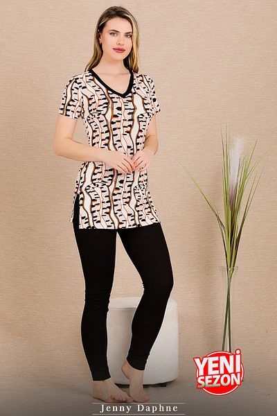 Jenny Daphne Set pijama neagră cu mânecă scurtă cu model de sezon nou - Lady 12846