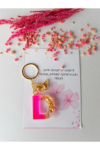 demirbasavm سلسلة مفاتيح إيبكسي مصنوعة يدويًا على شكل حرف D لعيد الأم