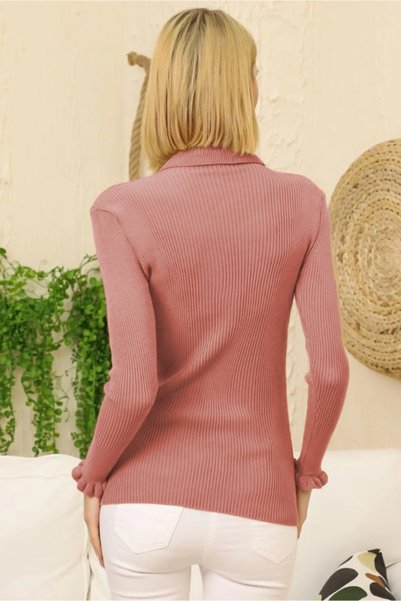 VEGENZE Women's Dusty Rose Sleeve Ruffled Turtleneck Corduroy Pattern Knitwear Sweater