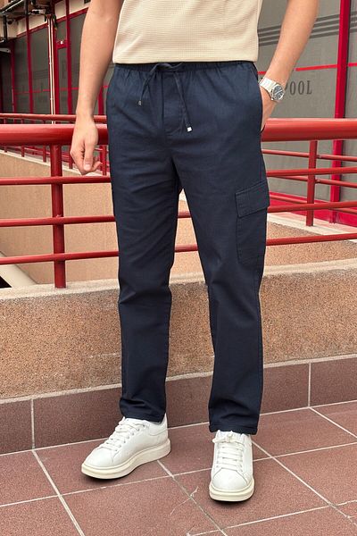 inpool Men'S, Elastic Waist, Ribbed Detail, Cotton, Linen Woven, Regular Fit, Cargo Pocket Pants Inp293