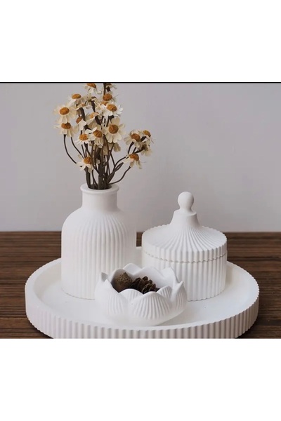 FOSİNERON 4 Lü Set Dekoratif Sunum Tepsili Tasarım Vazo ve Yaşam Çiçeği Mumluk