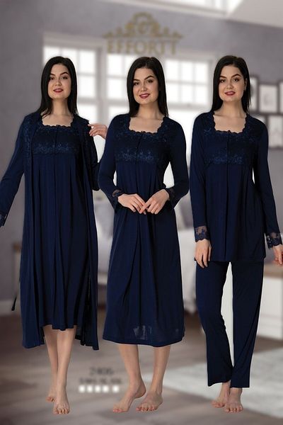 LOHOUSE Women's Navy Blue Long Sleeve Cotton Maternity Pajamas Set and Nightgown-Robe Set of 4