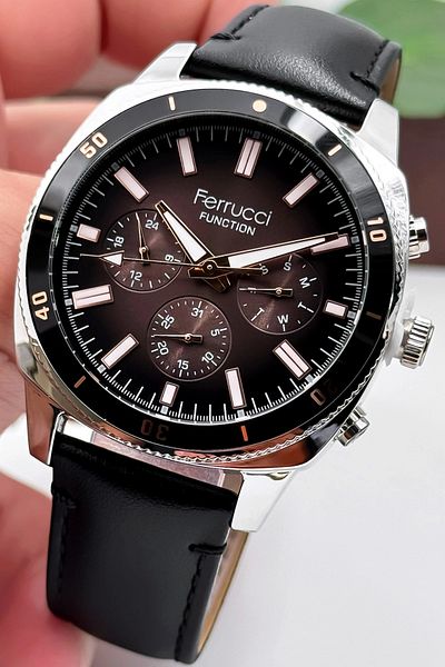 Ferrucci Black Leather Cord - Silver Case Men's Wristwatch - Bracelet Zmfer159