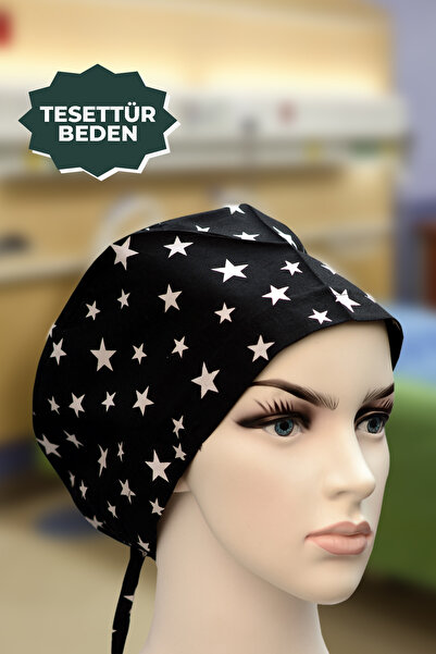 YİĞİTBAŞI Siyah-Yıldızlı Doktor HemşireAşçı Cerrahi Bone Hastane Anne Bone İş Bandanası Pamuklu Kumaş Lastikli