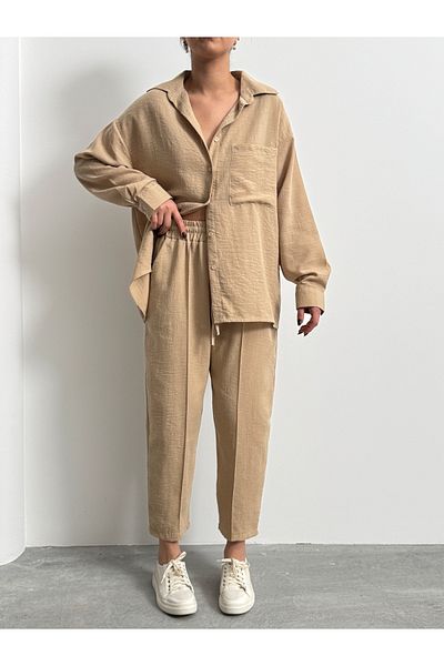 BEJNA Damen-Set aus übergroßem Leinenhemd, Hose, Unterteil und Oberteil
