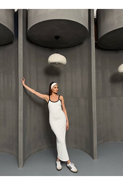 BEJNA Women's Piping Detailed Straps Slit Long Dress