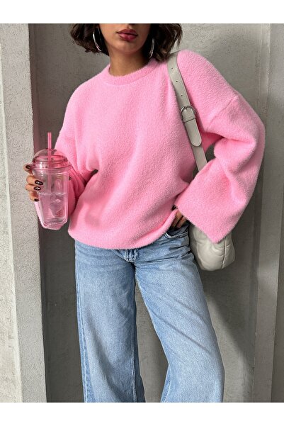 BEJNA Rosafarbener Oversize-Pullover aus weichem Strick mit Rundhalsausschnitt für Damen