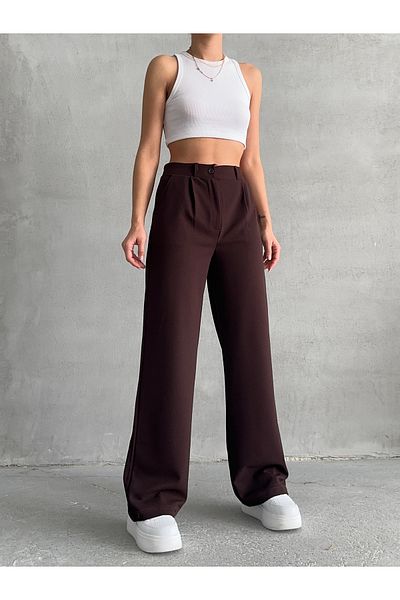 BEJNA Braune, plissierte, lockere Palazzo-Hose für Damen