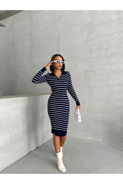 BEJNA Sötétkék csíkos Midi kötöttáru női ruha - póló nyakú