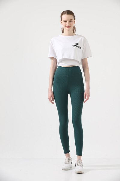 BEJNA Grüne gerippte Damenstrumpfhose mit hoher Taille