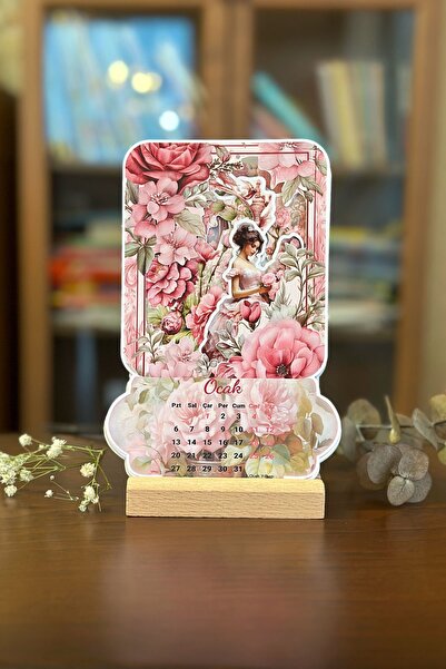 Sticker Ekspres 2026 Ahşap Standlı Pembe Gül Bahçesindeki Kadın Özel Tasarım Takvim / Çiçekli Takvim Hediye