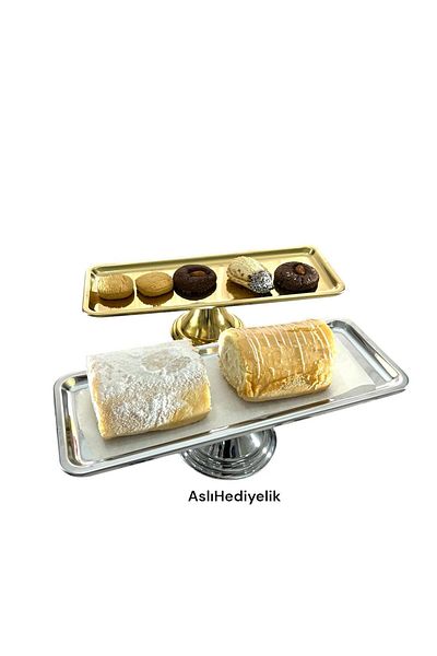 Aslı Hediyelik حامل تقديم الكيك والحلوى الفاخر ذو اللونين مستطيل الشكل باللون الفضي