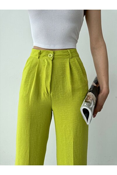 BEJNA High Waist Pistachio Green Linen Palazzo Trousers - Pleated Design