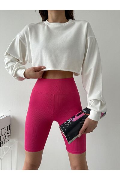 BEJNA Gerippte kurze Sport-Leggings in Fuchsia mit hoher Taille für Damen