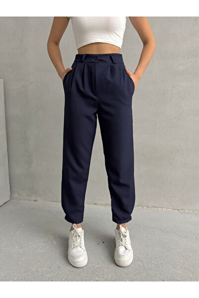 BEJNA Sötétkék női nadrág - redőzött és gombos szár