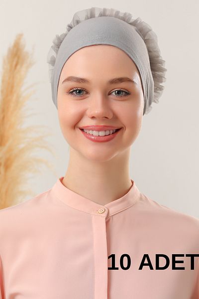 Melodi Scarf Γκρι καπό 10 τεμαχίων Hijab γυναικείο βολάν με ραμμένο καπό