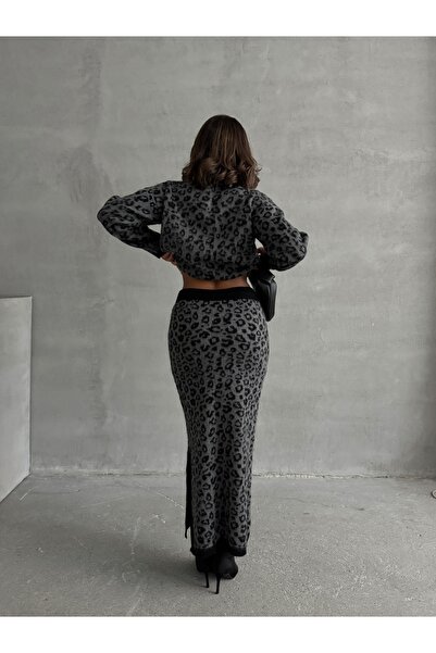 BEJNA Women's Leopard Pattern Skirt Knitwear Set