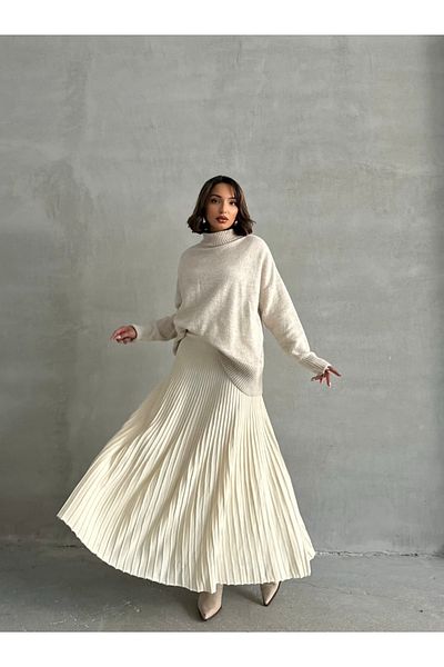 BEJNA Cremefarbener, plissierter langer Strickrock für Damen