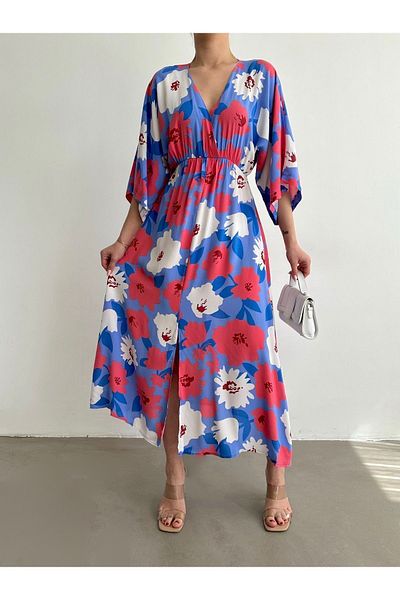 BEJNA Blaues, zweireihiges, langes Sommerkleid mit Kragen und Schlitz für Damen