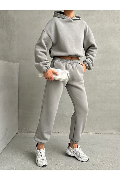 BEJNA Graues Damen-Trainingsanzug-Set aus Baumwollfleece