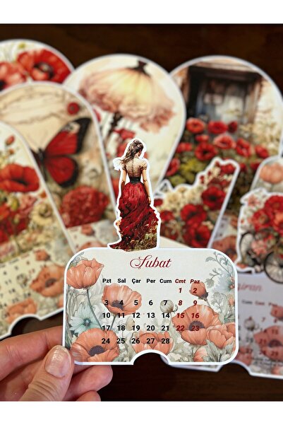 Sticker Ekspres 2026 Ahşap Standlı Gelincik Bahçesindeki Kadın Özel Tasarım Takvim / Çiçekli Takvim Hediye