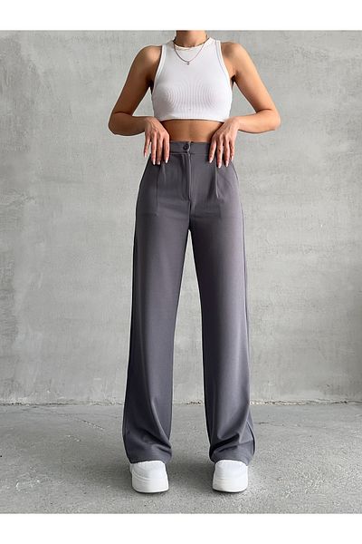 BEJNA Graue, plissierte, lockere Palazzo-Hose für Damen