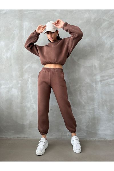 BEJNA Basic-Trainingsanzug-Set für Damen aus brauner Baumwolle mit Fleece-Innenseite