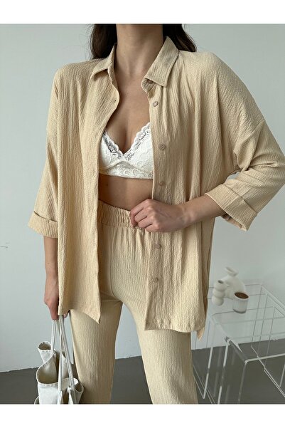 BEJNA Női bézs dupla ujjú felső és alsó ingkészlet