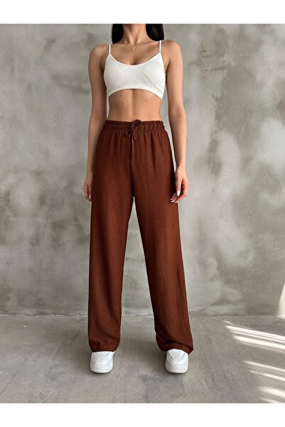 BEJNA Women's Brown Elastic Waist Palazzo Pants
