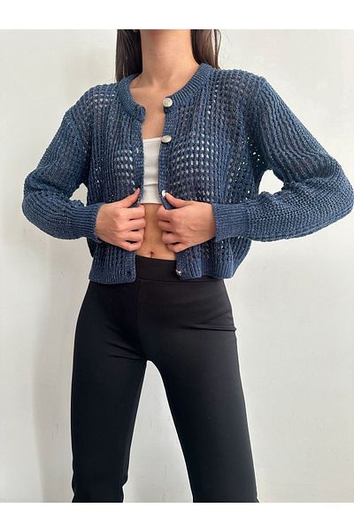 BEJNA Damen-Strickjacke mit durchbrochenem Muster und Glitzerdetail in Indigoblau