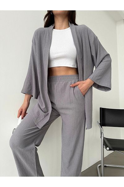 BEJNA Graues Kimono-Hosen-Strickset für Damen