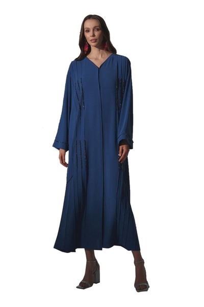 LÜKSERA Mavi Renk Çıt Çıt Detaylı Salaş Abaya Uzun Elbise – Günlük Şıklık