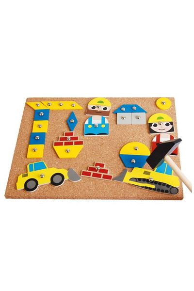 LENA Lena construction set with hammer and nails, for children, 56 wooden pieces, 8 printed shapes and accessories