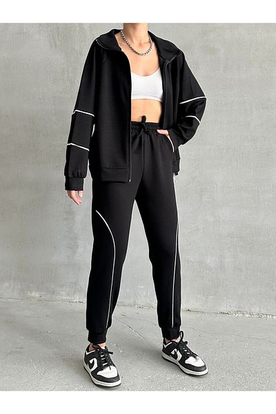 BEJNA Women's Black Modal Textured Piping Detailed Soft Touch Suit