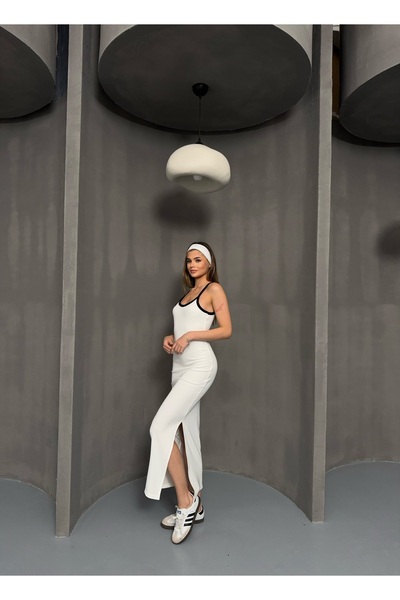 BEJNA Women's Piping Detailed Straps Slit Long Dress