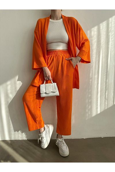 BEJNA Orangefarbenes Kimono-Hosen-Strickset für Damen