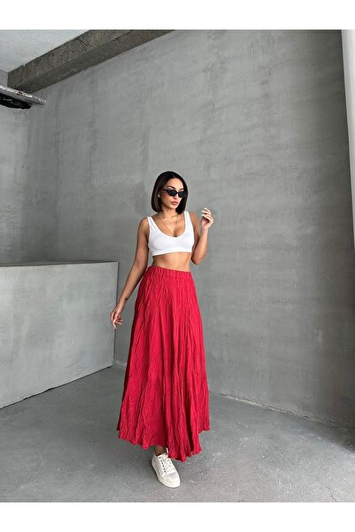 BEJNA Women's Wrinkled Modal Textured Soft Long Skirt