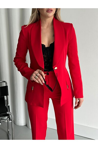 HOEK Women's Red Gold Detail Blazer Jacket Pants Suit