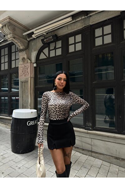 BEJNA Women's Brown Boat Neck Leopard Print Blouse