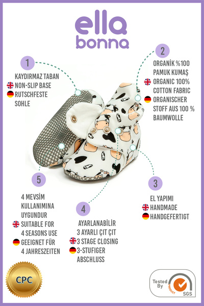 Ella Bonna Βρεφικά μποτάκια από οργανικό βαμβάκι, αντιολισθητική σόλα, βαμβακερές παντόφλες για νεογέννητα παιδικά παπούτσια για το σπίτι