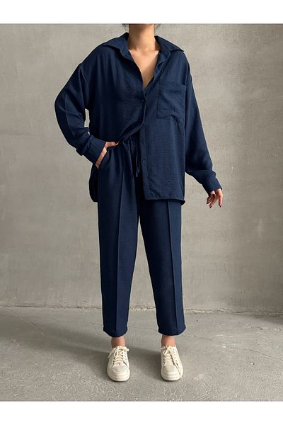 BEJNA Damen-Set aus übergroßem Leinenhemd, Hose, Unterteil und Oberteil