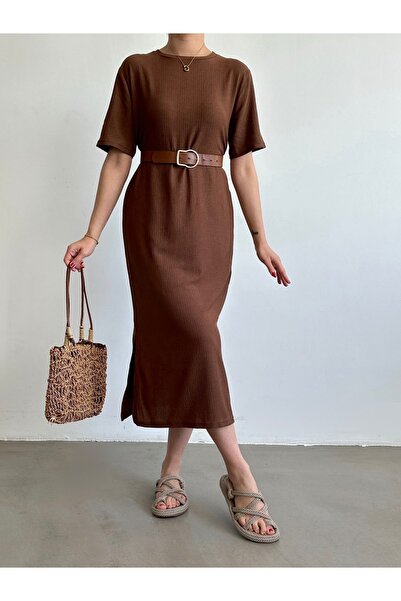 BEJNA Hnědé pletené - ležérní letní šaty
