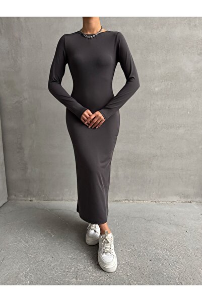 BEJNA Dámské antracitové bodycon Crew Maxi šaty s dlouhým rukávem