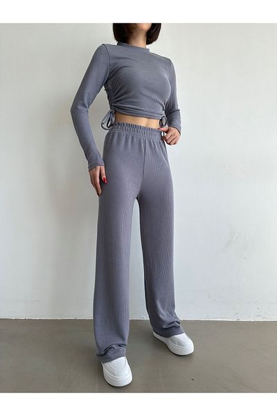 BEJNA Gray Long Sleeve Side Adjustable Drawstring Women's Set